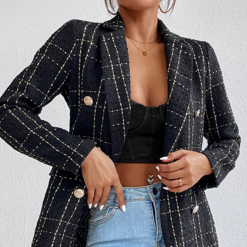 Black Elegant Women's Plaid Double Breasted Tweed Blazer